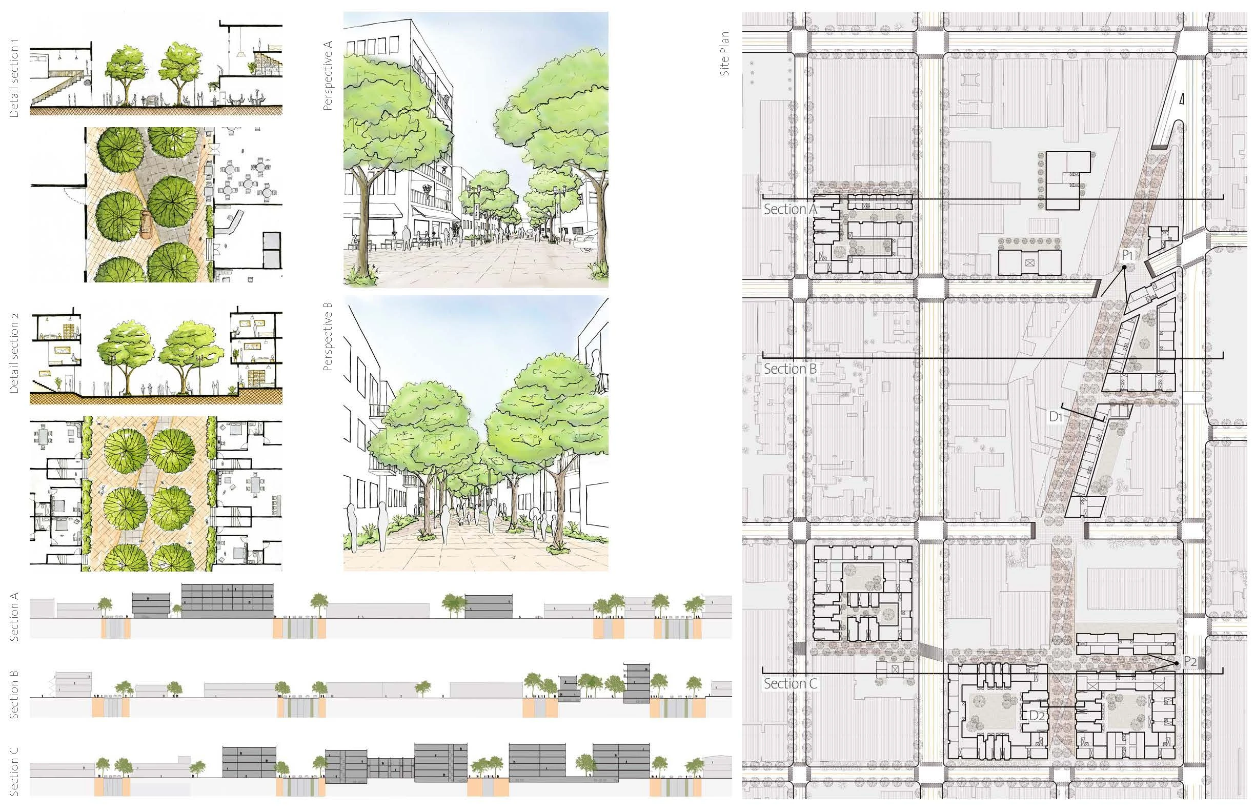 Diseño de calle arbolada: perspectivas, secciones y planta
